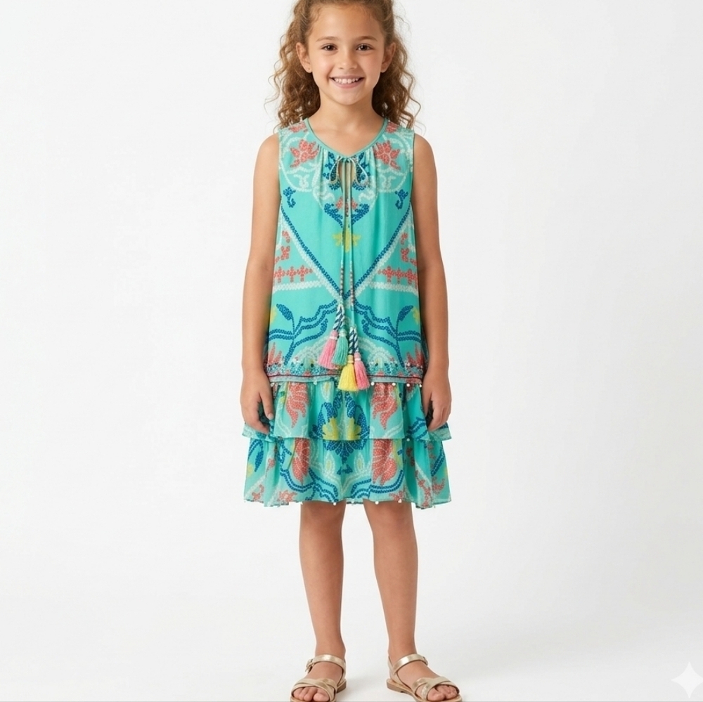 HEMANT & NANDITA Girls Silk Beaded Tiered Dress Turquoise Teal Size 10